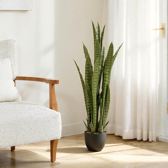 4ft Artificial Snake Plant – 48in Faux Sansevieria Plants, Fake Floor Plant for Indoor Outdoor, Front Porch Patio Home Office Decor, Mother-in-Law’s Tongue, Green 1Pcs