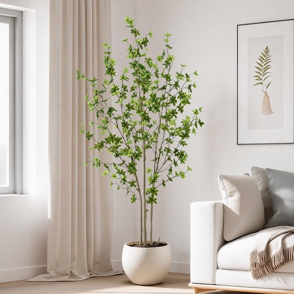 Artificial Enkianthus Tree 6ft Tall Fake Plant with Lifelike Leaves and Trunk - Large Indoor Floor Plant in White Pot for Living Room, Bedroom, Office Decor