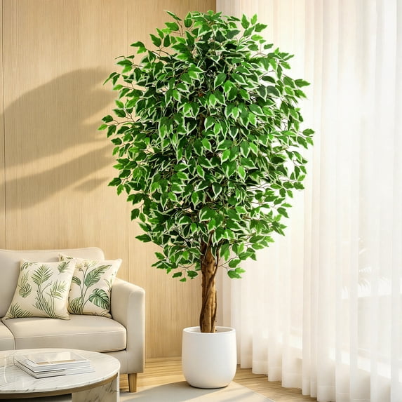 6ft Ficus Artificial Trees with 3 Natural Curved Trunks, 72" Tall Lush Faux Tree for Home Decor Indoor, Green Lifelike Fake Ficus Tree