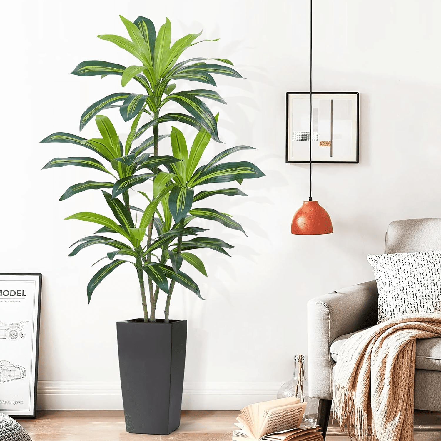 Artificial Plants, 4ft Dracaena Tree In Black Plastic Pot, Faux Plants Indoor Outdoor Decor, Silk Plants For Home Decor Office Porch Patio Perfect Housewarming Gift