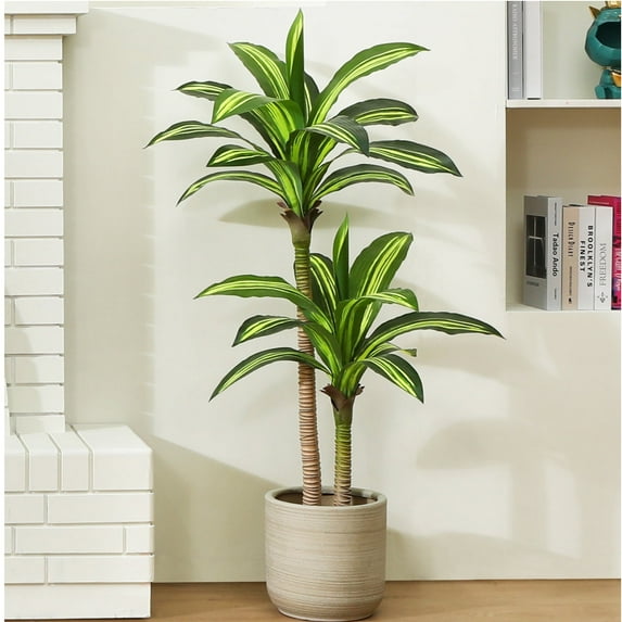 Artificial Plants, 4ft Fake Dracaena Tree in Black Plastic Pot, Faux Plants Indoor Outdoor Decor, Silk Plants for Home Decor Office Porch Patio Perfect Housewarming Gift
