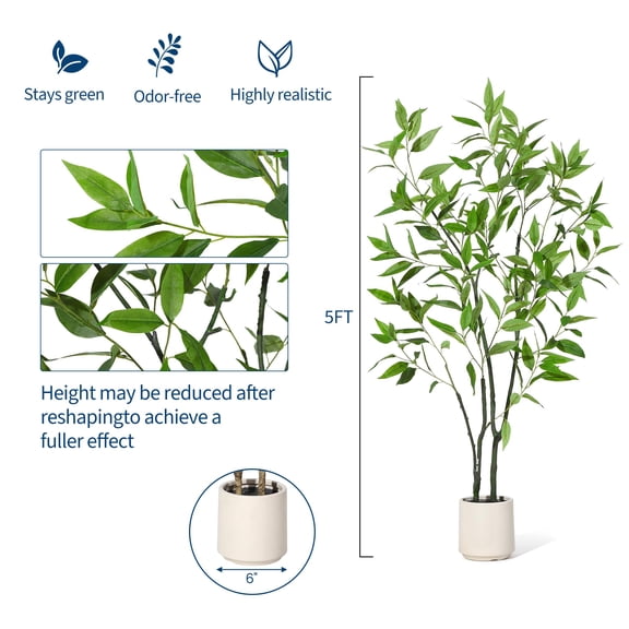 Artificial Plants 5FT Eucalyptus Tree, Realistic Faux Plant with Slender Willow-Like Leaves, Indoor Fake Tree with Bendable Stems, Weighted Black Pot, Easy Assembly for Home Office Living Room Decor