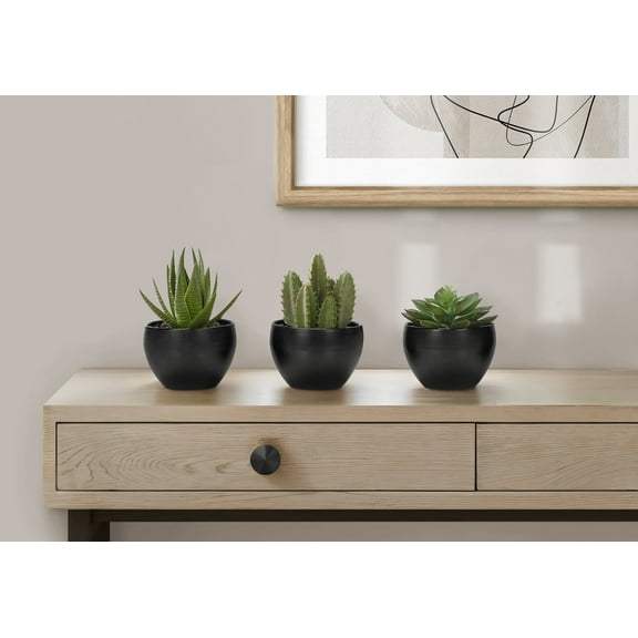 Artificial Plants Artificial Plant, 6" Tall, Succulent, Indoor, Faux, Fake, Table, Greenery, Potted, Set Of 3, Decorative, Green Plants, Black Pots,Flower Arrangements