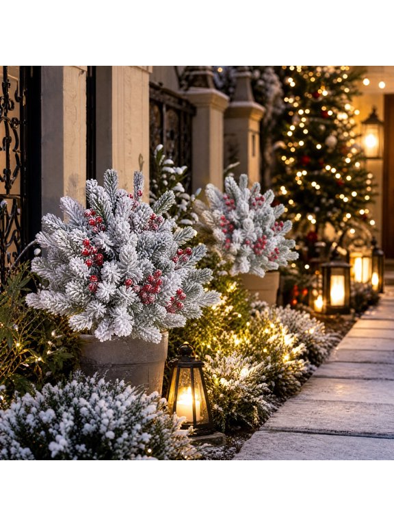 Artificial Plants Christmas Ground Stakes with Red Berries - 22" Outdoor Waterproof Winter Christmas Decoration for Front Porch Walkway Patio Decor