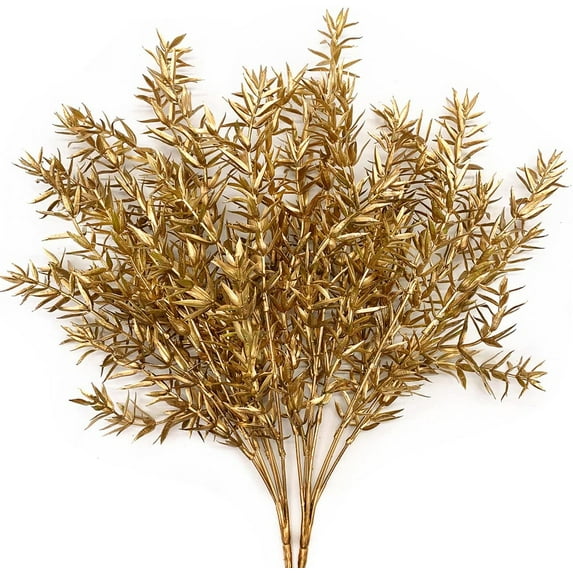 Artificial Plants for Christmas, Plastic Grass Faux Shrubs Fake Leaves Simulation Bushes Home Indoor Outdoor Garden Wedding Festival Decoration Hall Office Table Planter Filler – Gold 2 Pack