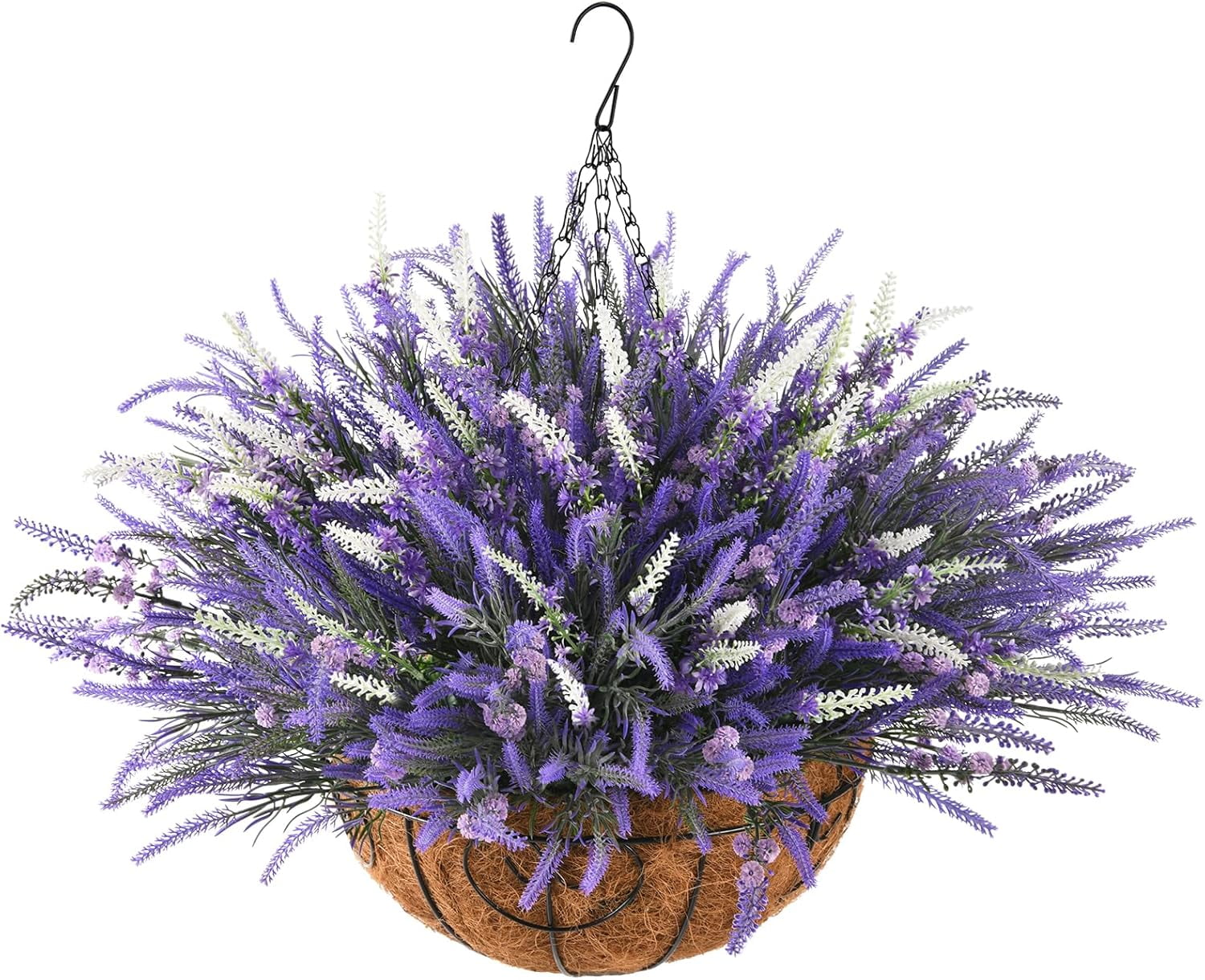 Artificial Plants Fake Flowers with Hanging Basket for Outdoor, 16 Bundles Faux Lavender Plant Hanging Flower in Planter Realistic UV Resistant for Spring Outside Porch Patio Garden Decoration