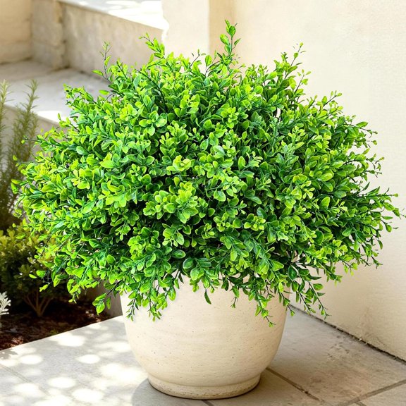 Artificial Plants Fake Greenery for Outdoor Spring Summer Decoration, 12 Bundles UV Resistant Realistic Faux Shrubs Stems No Fade Plastic Boxwood Planter Garden Patio Balcony Porch Backyard Indoor