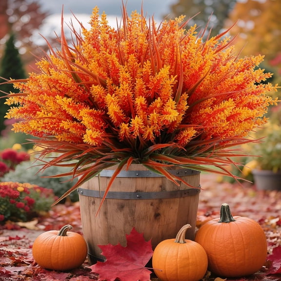 Artificial Plants Flowers Outdoor Faux Lavender Flowers with Monkey Grass UV Resistant Plastic Faux Plants for Garden Porch Window Patio Hanging Planter Home Decor (Autumn-Orange, 48PCS)