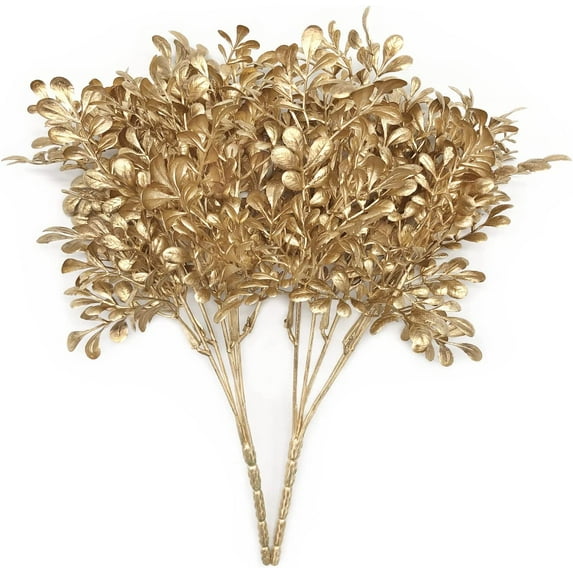 Artificial Plants Golden Leaf, Christmas Plastic Fake Plant Leaves Bush Grass Decoration Fern Bushes Faux Shrubs Greenery Indoor Outside Planter Filler Festival Home Garden Decor