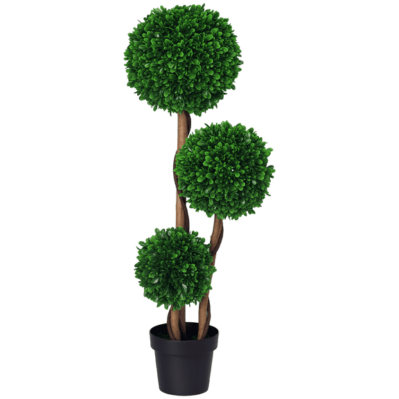 Artificial Plants HOMCOM 3.5ft/43.25" Artificial 3 Ball Boxwood Topiary Tree with Pot, Indoor Outdoor Fake Plant for Home Office, Living Room Decor,House Plants