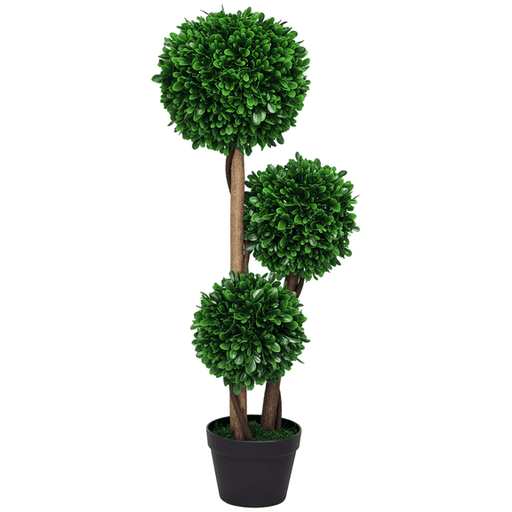 Artificial Plants HOMCOM 3ft/35.5" Artificial 3 Ball Boxwood Topiary Tree with Pot, Indoor Outdoor Fake Plant for Home Office, Living Room Decor,House Plants