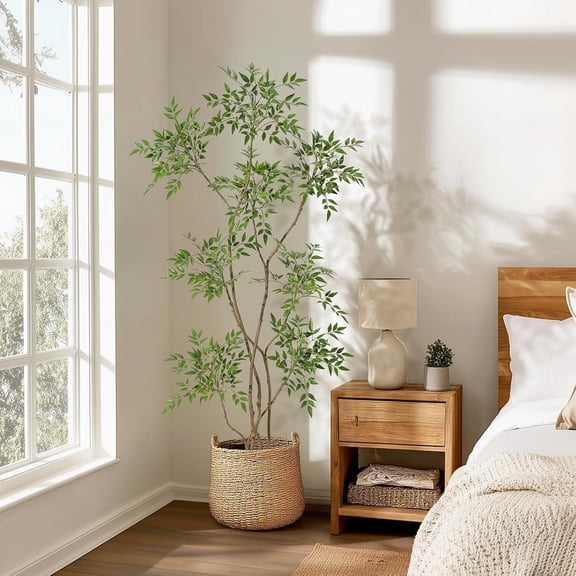 Artificial Plants Indoor,6ft Tall Faux Floor Plant in Pot, Nandina Artificial Tree with White Planter for Home Decor Office Living Room Decorative Fruit Decoration Minimalist