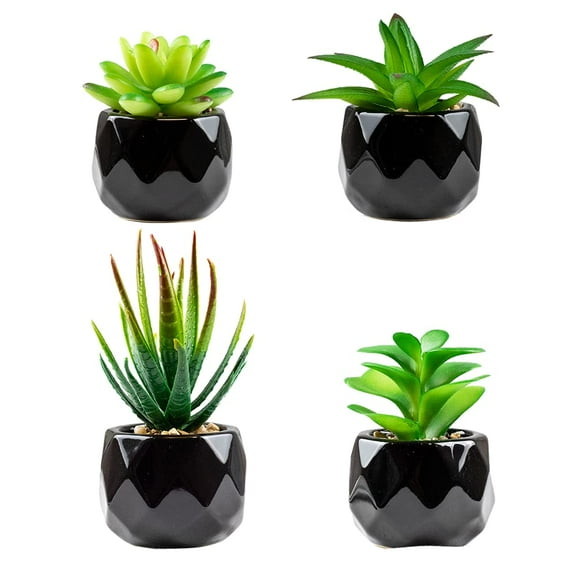 Artificial Plants Indoors In Pots, Fake Plants Outdoor, Mini black Ceramic Potted, Green Succulents Decor for Bedroom Aesthetic