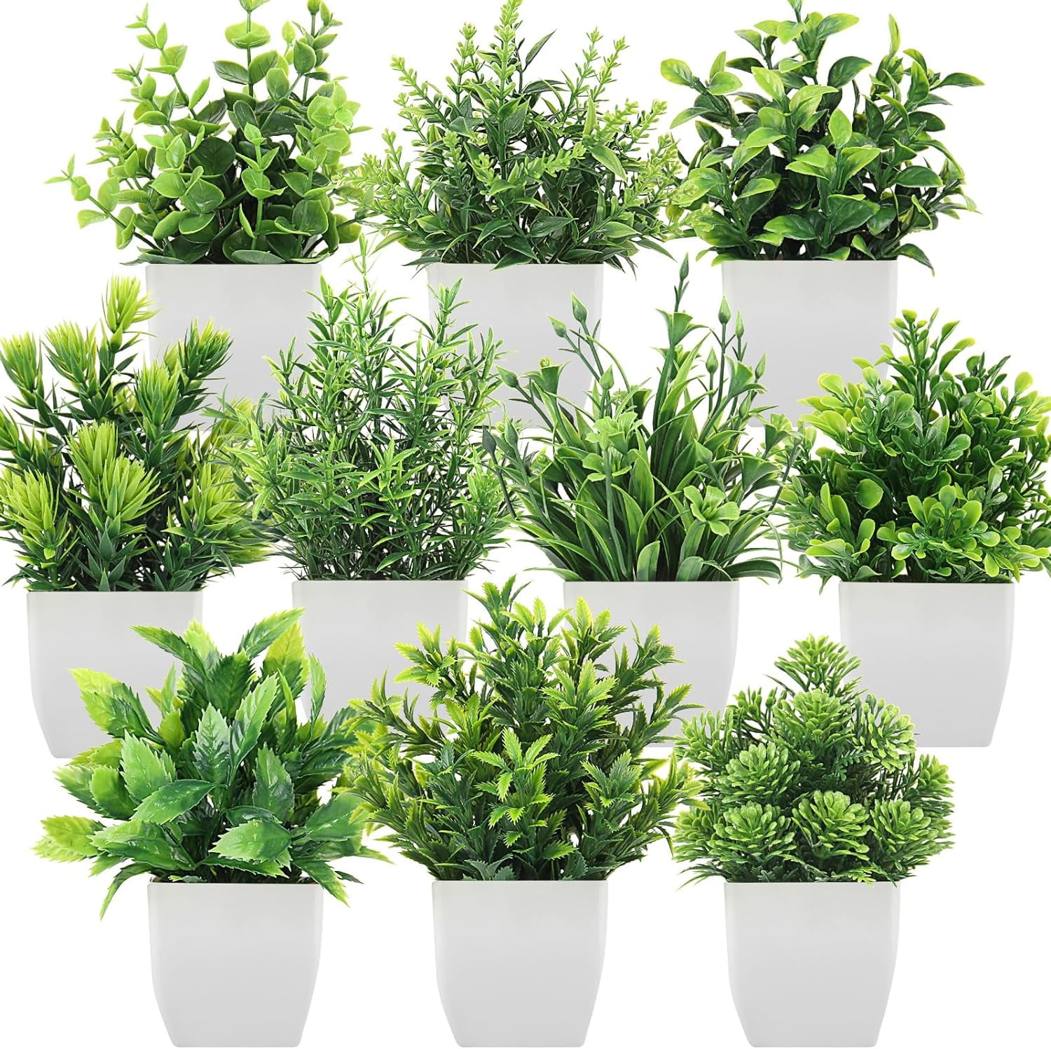 Artificial Plants Mini Fake Potted Plants, 8 pcs Small Eucalyptus Potted Faux Decorative Grass Plant with White Pot for Home Decor, Indoor, Office, Desk, Shelf, Table Decoration
