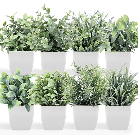 Artificial Plants Mini Fake Potted Plants, 8 pcs Small Eucalyptus Potted Faux Decorative Grass Plant with White Pot for Home Decor, Indoor, Office, Desk, Shelf, Table Decoration A