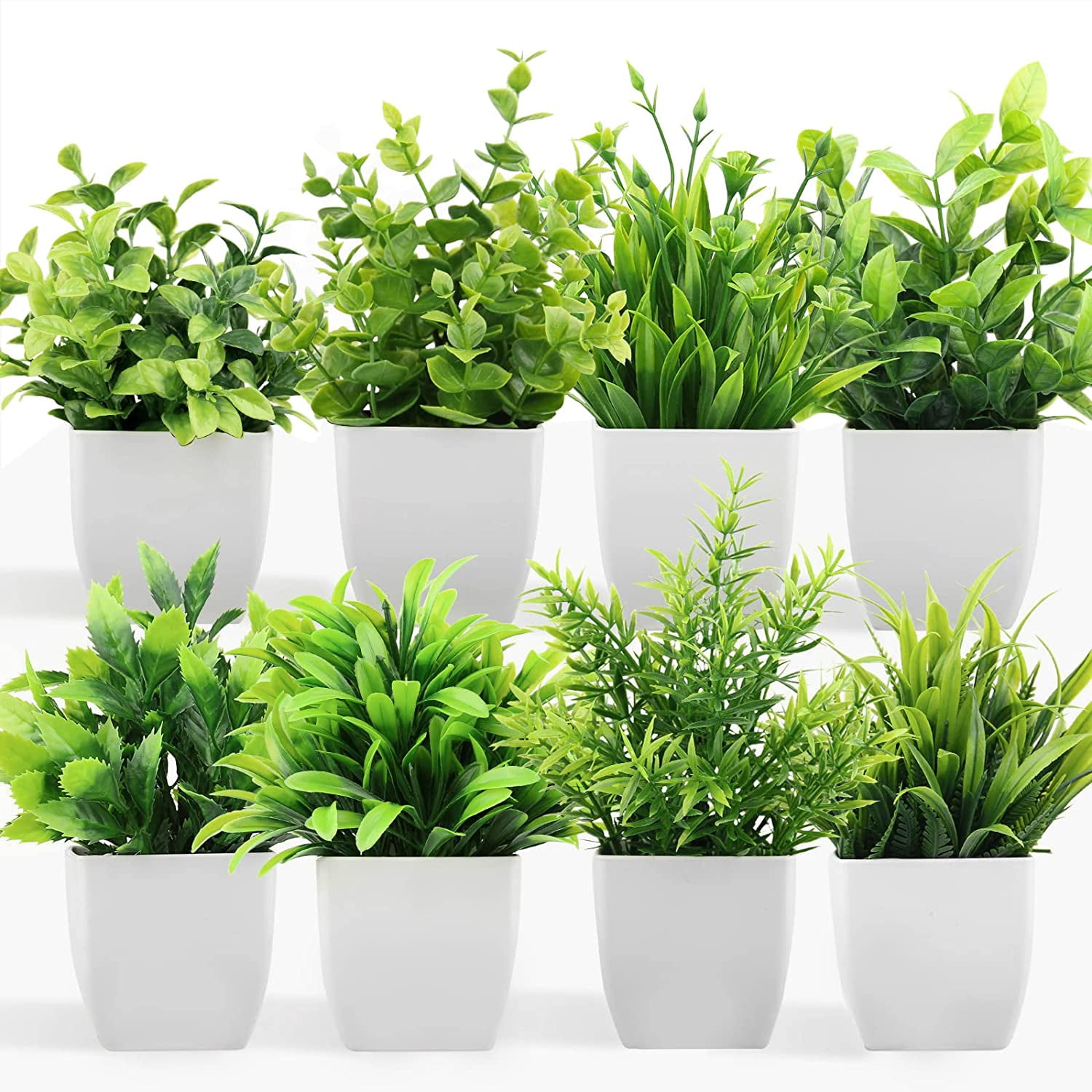 Artificial Plants Mini Fake Potted Plants, 8 pcs Small Eucalyptus Potted Faux Decorative Grass Plant with White Pot for Home Decor, Indoor, Office, Desk, Shelf, Table Decoration