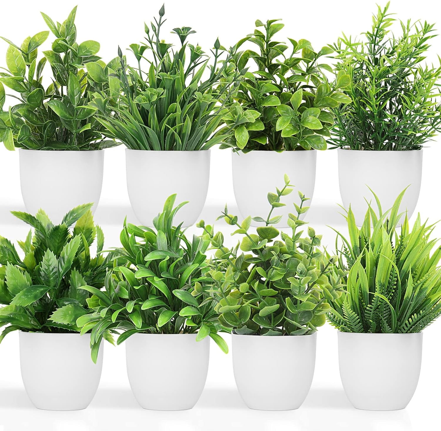 Artificial Plants Mini Fake Potted Plants, 8 pcs Small Eucalyptus Potted Faux Decorative Grass Plant with White Pot for Home Decor, Indoor, Office, Desk, Shelf, Table Decoration