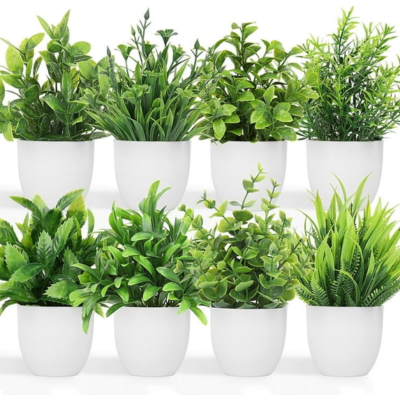 Artificial Plants Mini Fake Potted Plants, 8 pcs Small Eucalyptus Potted Faux Decorative Grass Plant with White Pot for Home Decor, Indoor, Office, Desk, Shelf, Table Decoration