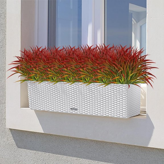 Artificial Plants Outdoor Fake Grass Greenery Stems UV Resistant Faux Plastic Shrubs for Garden Pathway Window Box Porch Decor, Red