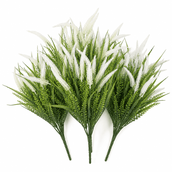 10 Bundles Artificial Plants Outdoor Fake Grass with Flowers UV Resistant Greenery Garden Porch Window Box Decorating (White)
