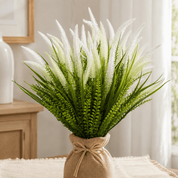 Artificial Plants Outdoor Fake Grass with Flowers UV Resistant Greenery Garden Porch Window Box Decorating (White)