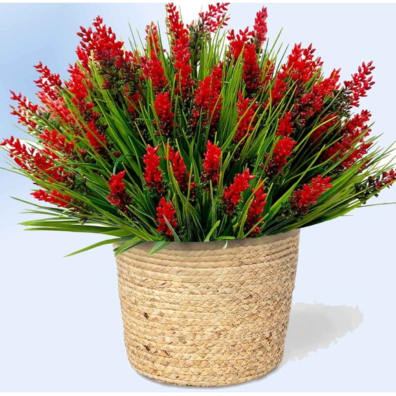 Artificial Plants Outdoor Fake Monkey Grass UV Resistant Faux Plants No Fade Red Fake Flowers Greenery Shrubs for Front Porch Yard Pathway Office Dcor Outside Indoor (Red)