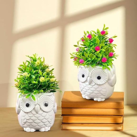 Artificial Plants Potted in Premium Plastic Owl Pot, 2 Pack Home Decoration Items for Living Room, Shelf Farmhouse, Indoor and Outdoor | Pink and White Flowers