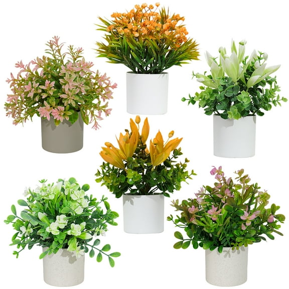 Artificial Plants Samll Fake Flower in Pot 6pcs Potted Plant for Home Office Farmhouse Bathroom Shelf Decor Indoor 7.9x7.9inch