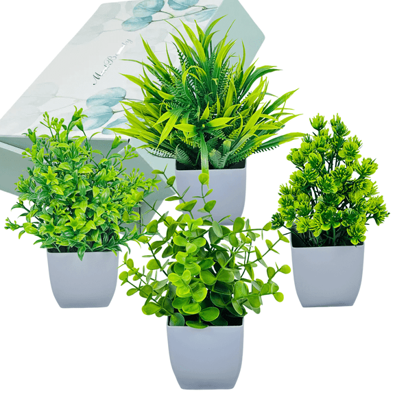 Artificial Plants Set of 4/6 – Mini Potted Faux Greenery in Gray Pots with Gift Box – Small Fake Plants for Home, Office, Bathroom, Shelf Decor