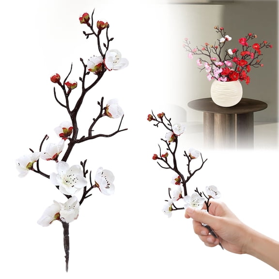 Artificial Plum Blossom Branch Silk Flower Stem Realistic Faux Cherry Blossom Floral for Vase Arrangement Table Centerpiece Winter Home Decor,1 Stem,White