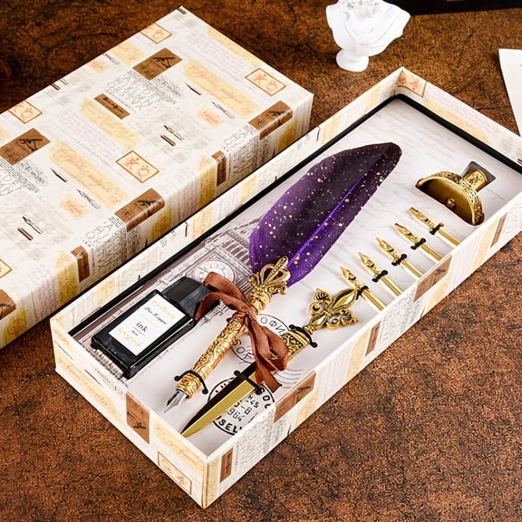 Artificial Plume Dip Pen Set (with Gilded Main Pen/5 Nibs/Letter Opener/Ink Pen) | Elegant Writing for Cherished Moments. Top Choice for Artists, Perfect for Christmas & Valentine's Gifts.