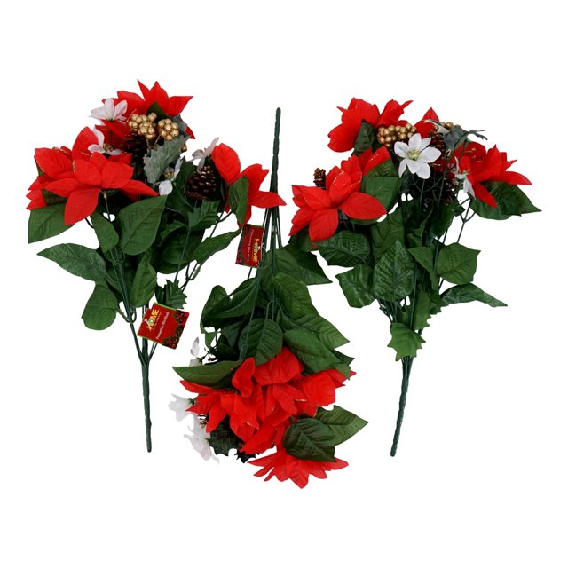 Artificial Poinsettia And Pinecone Mix Bush (3 Pack) Holiday Floral