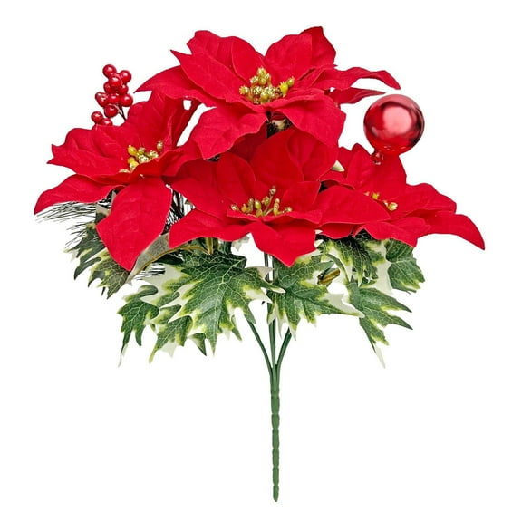 Artificial Poinsettia Bouquet 7 Heads 14’’ Velvet Poinsettia Bush Christmas Flowers for Porch Home Garden Indoor Outdoor Fake Floral Bouquet with Stem Christmas Decoration
