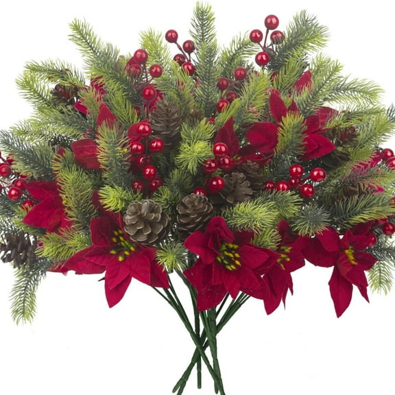 Artificial Poinsettia Bouquet Flowers Christmas Flowers Silk Floral Lily Rose with Red Berries for Porch Home Table Decor Indoor Outdoor Xmas Holiday Party And Christmas Tree Decorations