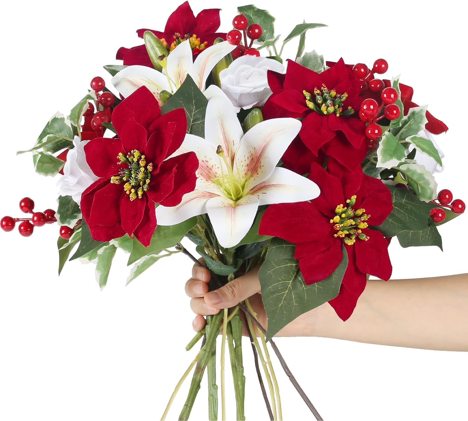 Artificial Poinsettia Bouquet Flowers Head Christmas Flowers Silk Floral Arrangement Lily Rose with Red Berries for Porch Home Table Decor Indoor Outdoor Xmas Holiday Party