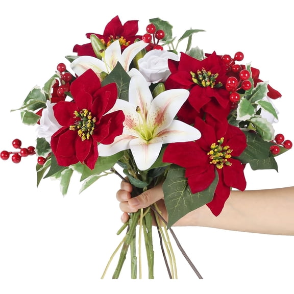 Artificial Poinsettia Bouquet Flowers Head Christmas Flowers Silk Floral Arrangement Lily Rose with Red Berries for Porch Home Table Decor Indoor Outdoor Xmas Holiday Party