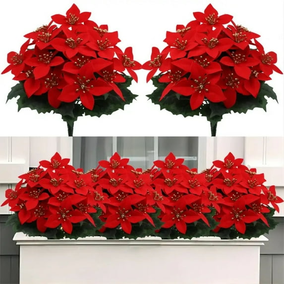 Artificial Poinsettia Bouquet with Green Leaves 4 Fork UV Resistant Fake Silk Flower Home Table Centerpiece Indoor Outdoor Faux Bloom Decoration