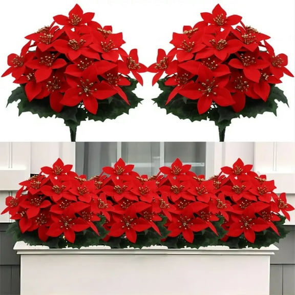 Artificial Poinsettia Bouquet with Green Leaves 4 Fork UV Resistant Fake Silk Flower Home Table Centerpiece Indoor Outdoor Faux Bloom Decoration