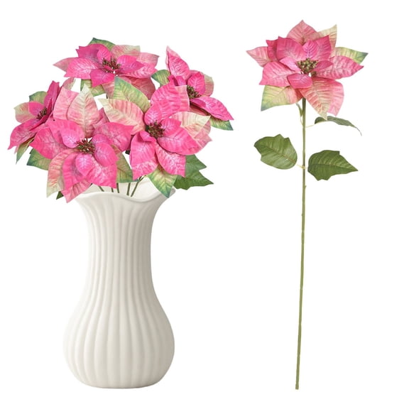 Artificial Poinsettia Christmas Flower, 1PCS 5-Head Pink Silk Fake Flower, 20.87in/53cm, Indoor Holiday Decor, White Elephant Gifts for Adults
