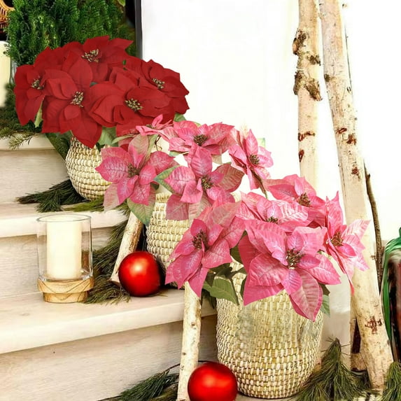 Artificial Poinsettia Christmas Flower, Single Stem Silk Floral Arrangement, Realistic Red Blooms, No Maintenance Home Decor,Vsgery