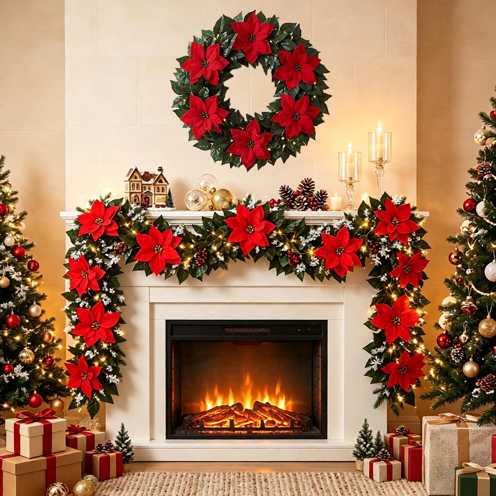 Vine Display Artificial Poinsettia Christmas Garland, 68.9 Inch Faux Red Flower Vine ...