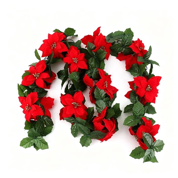 Artificial Poinsettia Christmas Garland with Green Leaves, Flexible Faux Floral Vine for Holiday Mantel and Stair Railing Decor,Red and Green