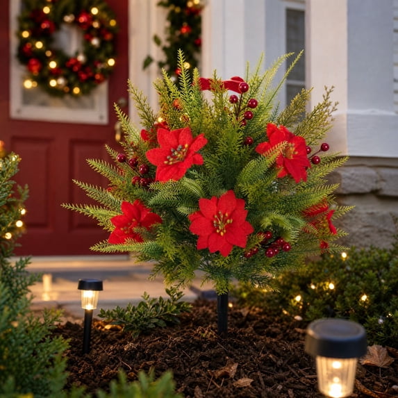 Artificial Plants Christmas Ground Stakes with Red Berries - 23" Outdoor Waterproof Winter Christmas Decoration for Front Porch Walkway Patio Decor