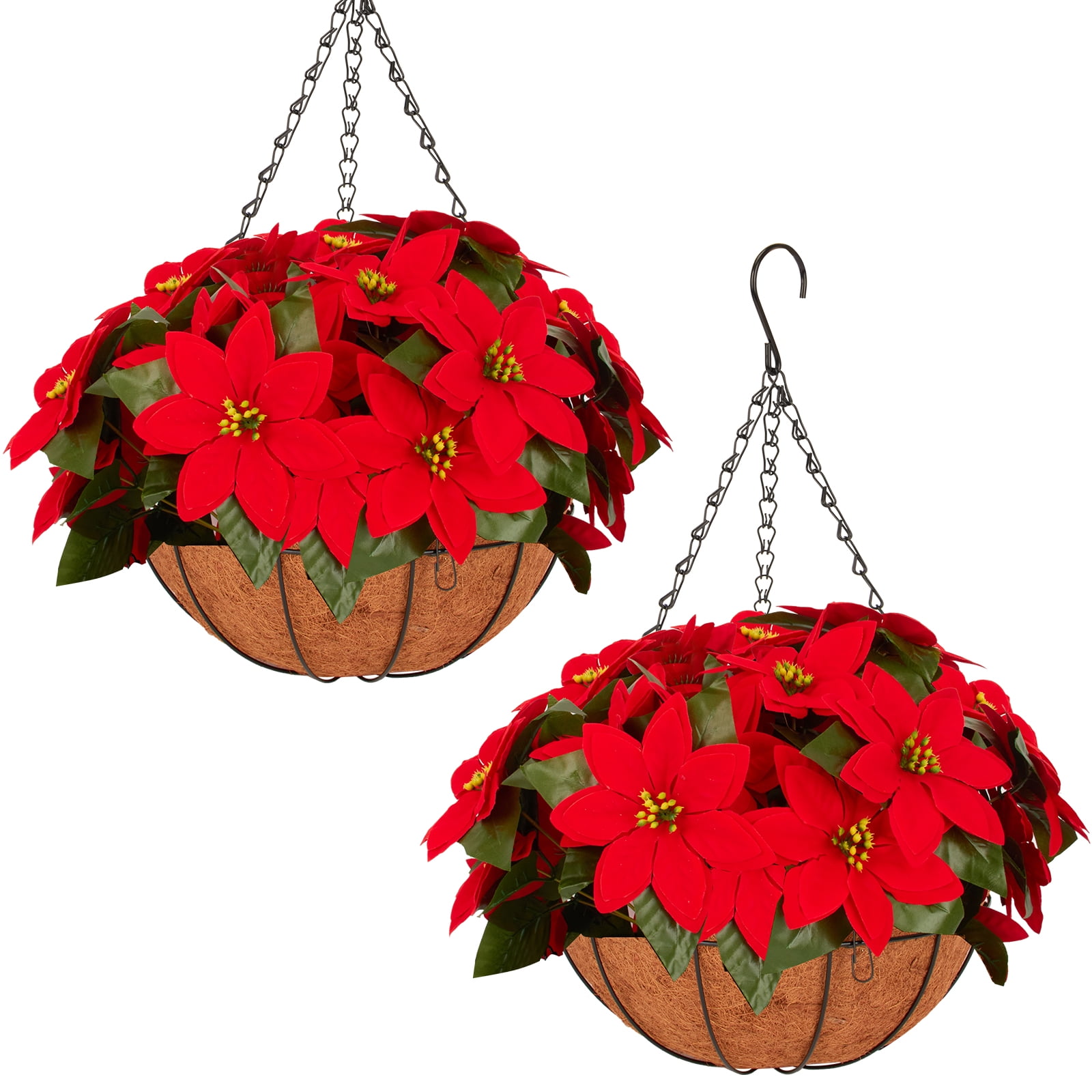 Artificial Poinsettia Christmas Hanging Basket Set Includes 14 Stems of ...