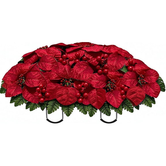 Artificial Poinsettia Christmas Winter Cemetery Flowers Outdoor Grave Decorations - Saddle Arrangement for Headstone,Outdoor Tombstone Memorial Decorations, Easy Fit (Red-B)