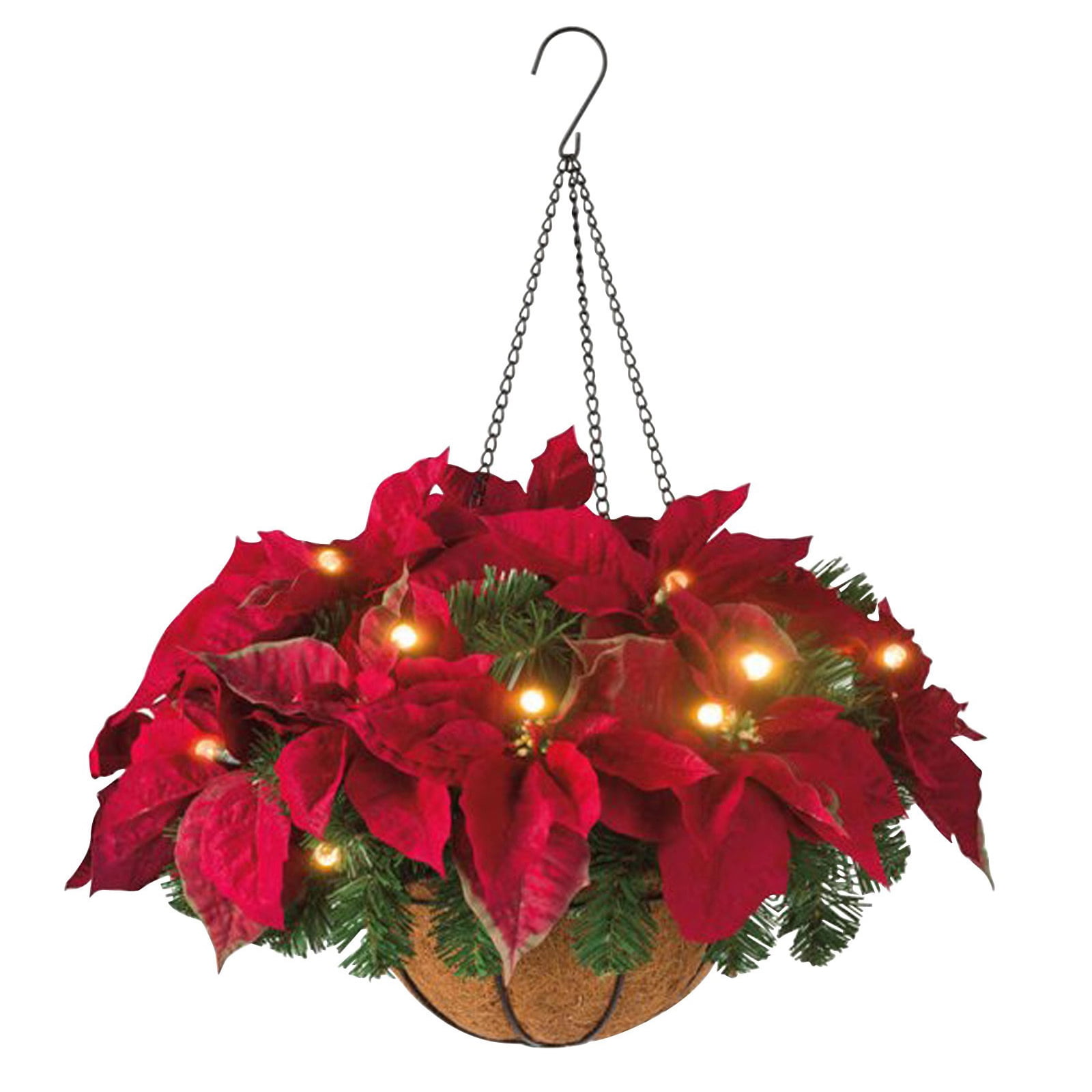 Artificial Poinsettia Floral Arrangement Hanging Basket Red Flowers Led ...