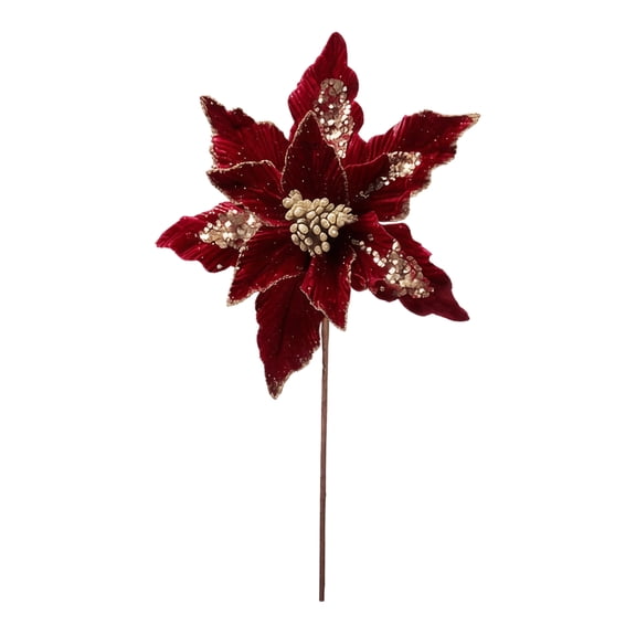 Artificial Poinsettia Flower Hobby with Velvet Texture and Glitter, 1 Hobby, Burgundy, for Christmas Tree Decorations, Christmas Decoration