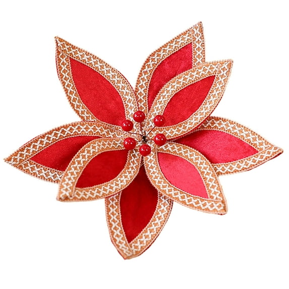 Artificial Poinsettia Flower Ornament with Glitter Edge for Holiday Home Decor Christmas Tree Wreath Party Decoration Indoor Outdoor Use