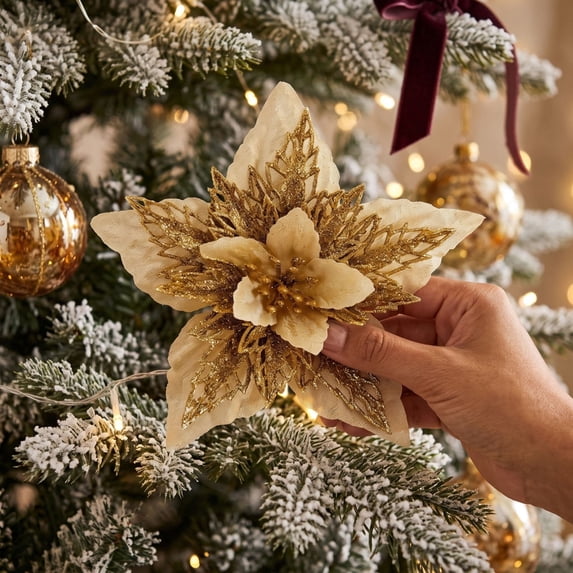 Artificial Poinsettia Flower Picks with Glitter for Christmas Tree, DIY Holiday Floral Ornaments for Wreath Garland Arrangement, Christmas Festive Holiday Home Decor Accessory
