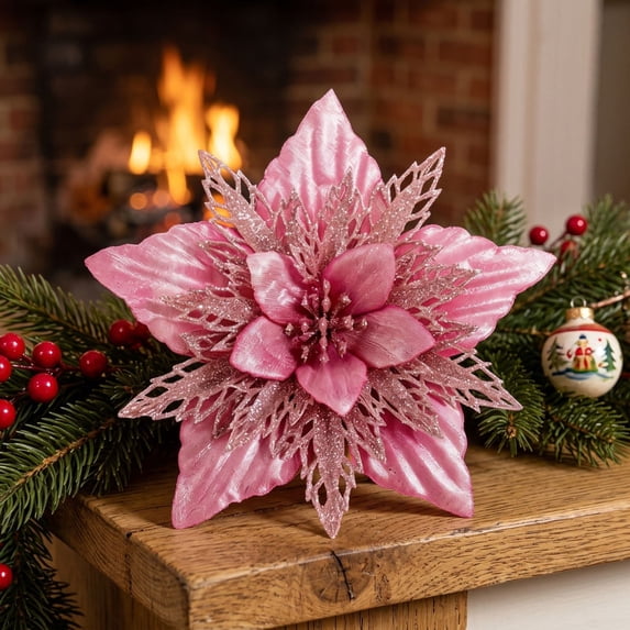 Artificial Poinsettia Flower Picks with Glitter for Christmas Tree, DIY Holiday Floral Ornaments for Wreath Garland Arrangement, Christmas Festive Holiday Home Decor Accessory